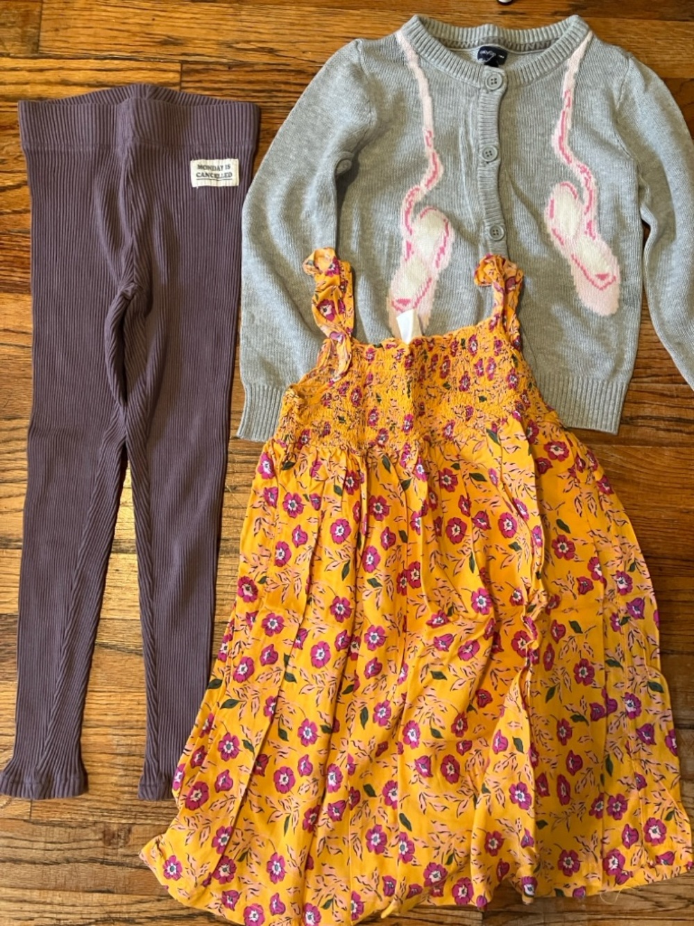 GAP Girls Yellow Floral Dress with Gray Ballet Cardigan and Brown Leggings